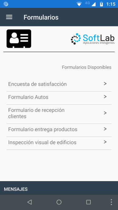 Aplicación Formulario Móvil: listado de encuestas, inspecciones y formularios disponibles para completar en terreno.